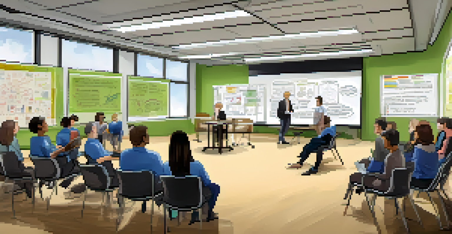 An indoor training room with chairs arranged in a circle, a whiteboard filled with notes, and people engaged in discussions.