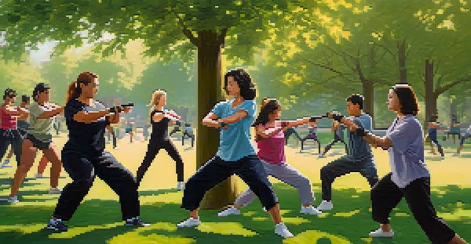 A diverse group of people practicing self-defense techniques in a sunny park setting, led by a confident female instructor.