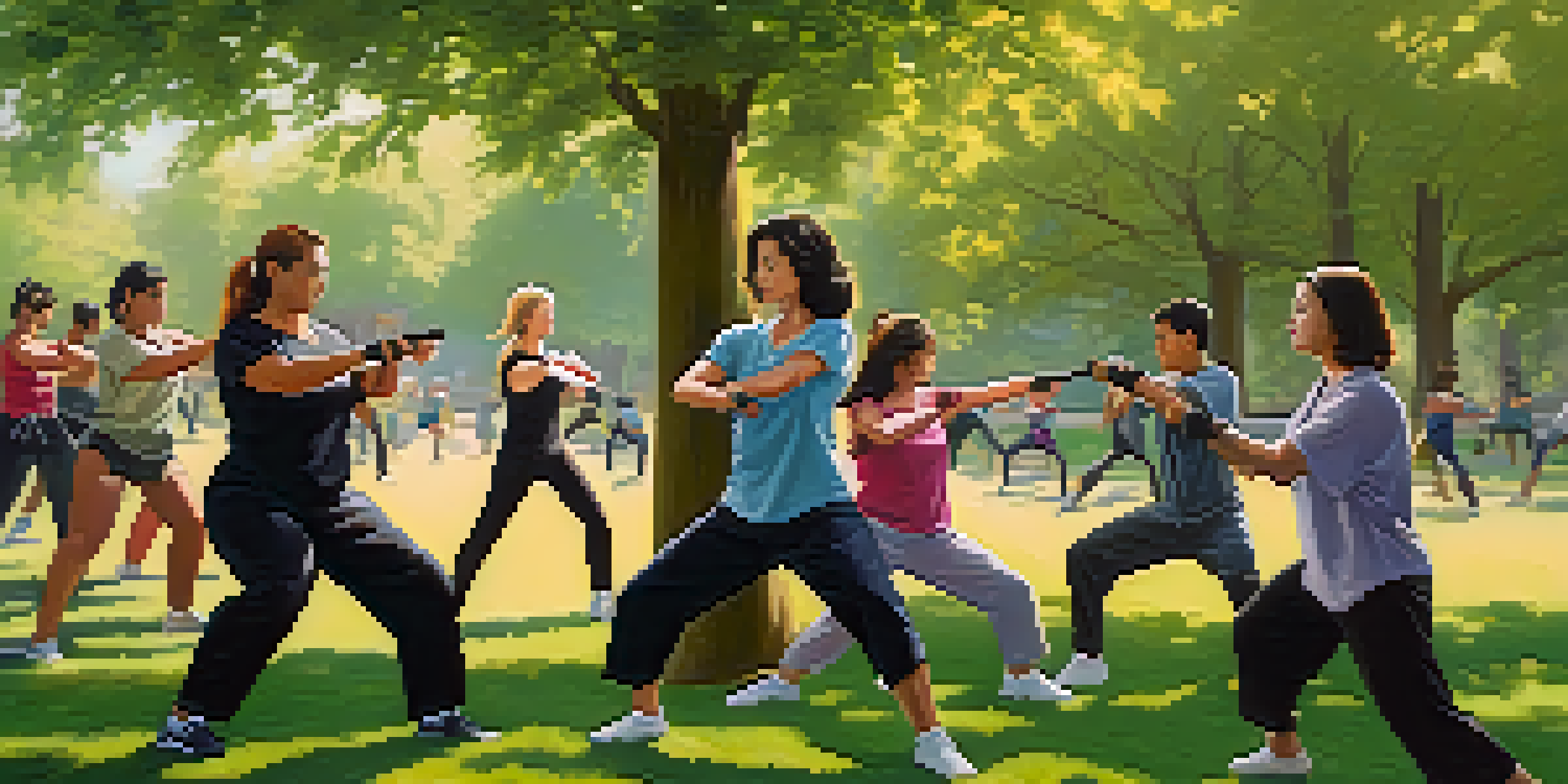 A diverse group of people practicing self-defense techniques in a sunny park setting, led by a confident female instructor.