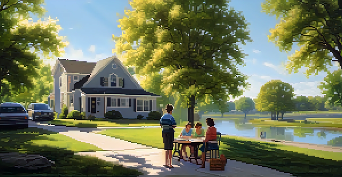 A family discussing their emergency plan with a map before a flood, surrounded by a peaceful neighborhood setting.