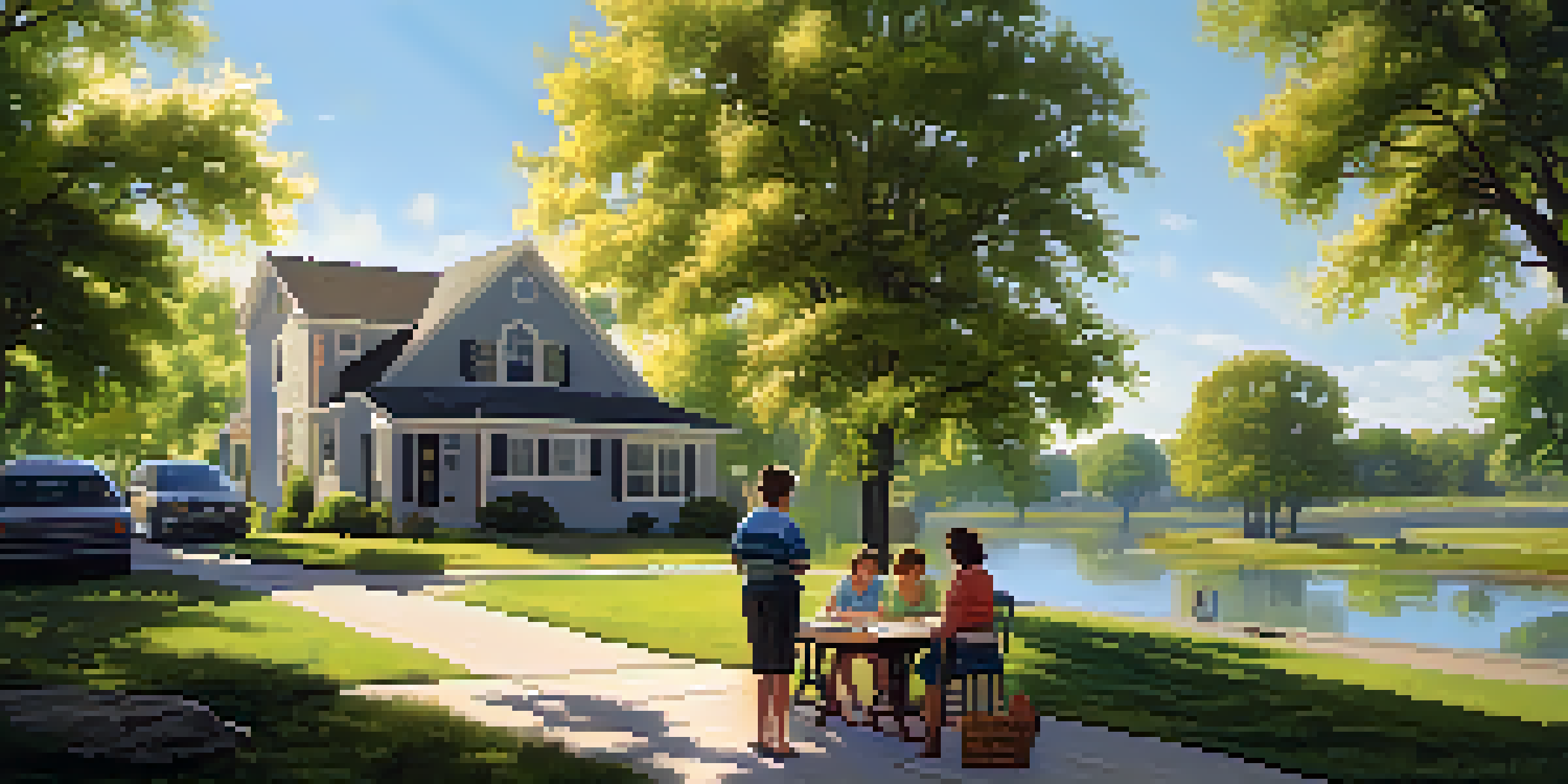 A family discussing their emergency plan with a map before a flood, surrounded by a peaceful neighborhood setting.