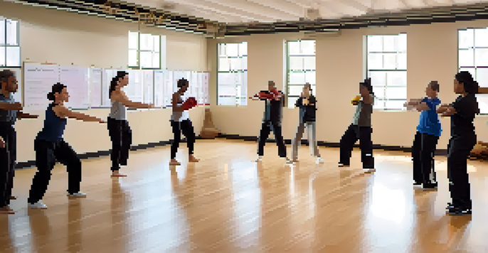 A diverse group participating in a self-defense class, with an instructor demonstrating techniques in a bright studio.