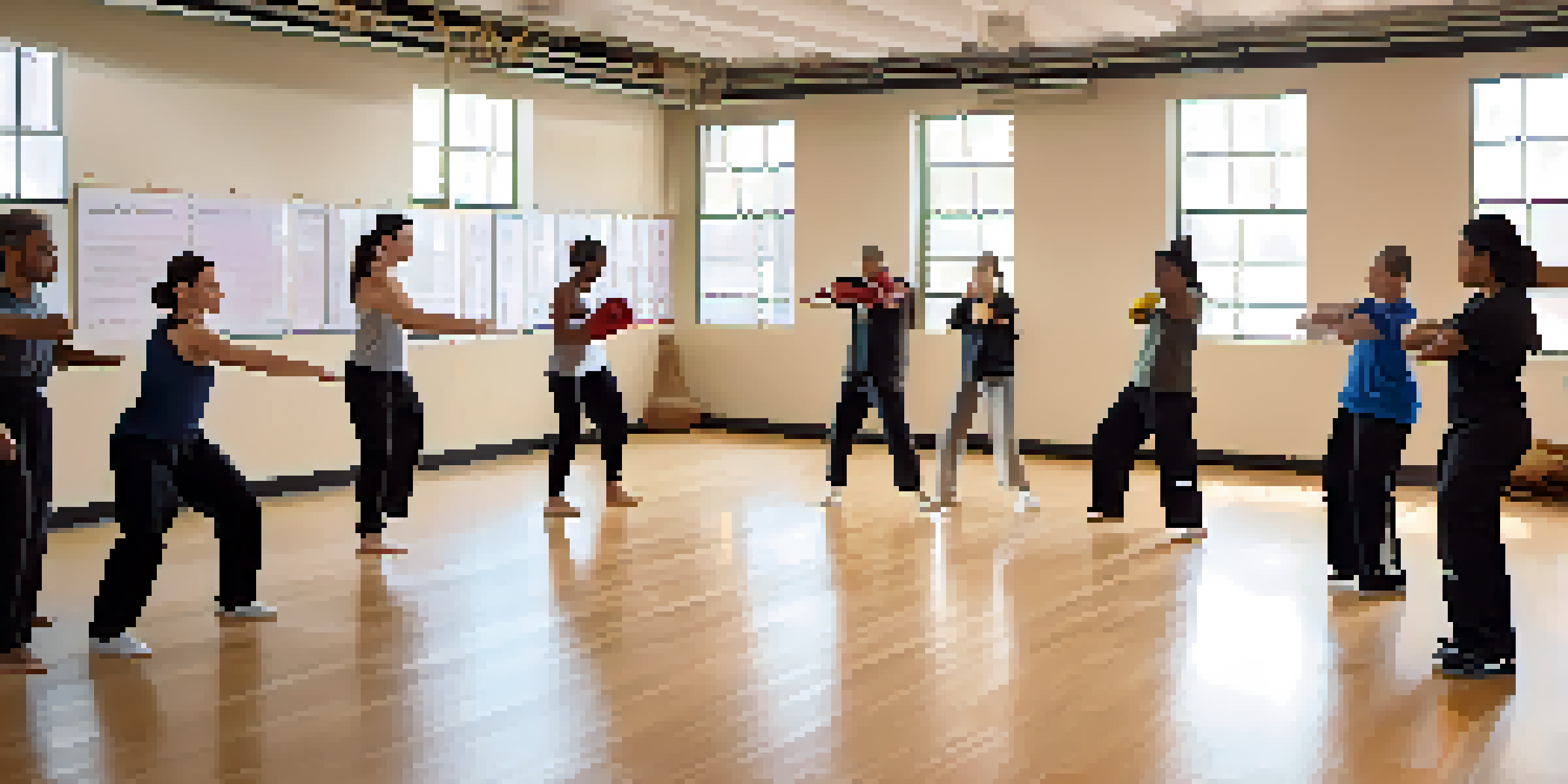 A diverse group participating in a self-defense class, with an instructor demonstrating techniques in a bright studio.