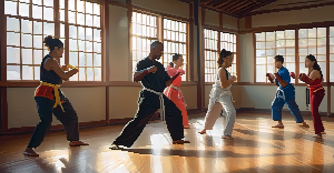 A diverse group of people practicing self-defense techniques in a dojo with sunlight filtering through windows.