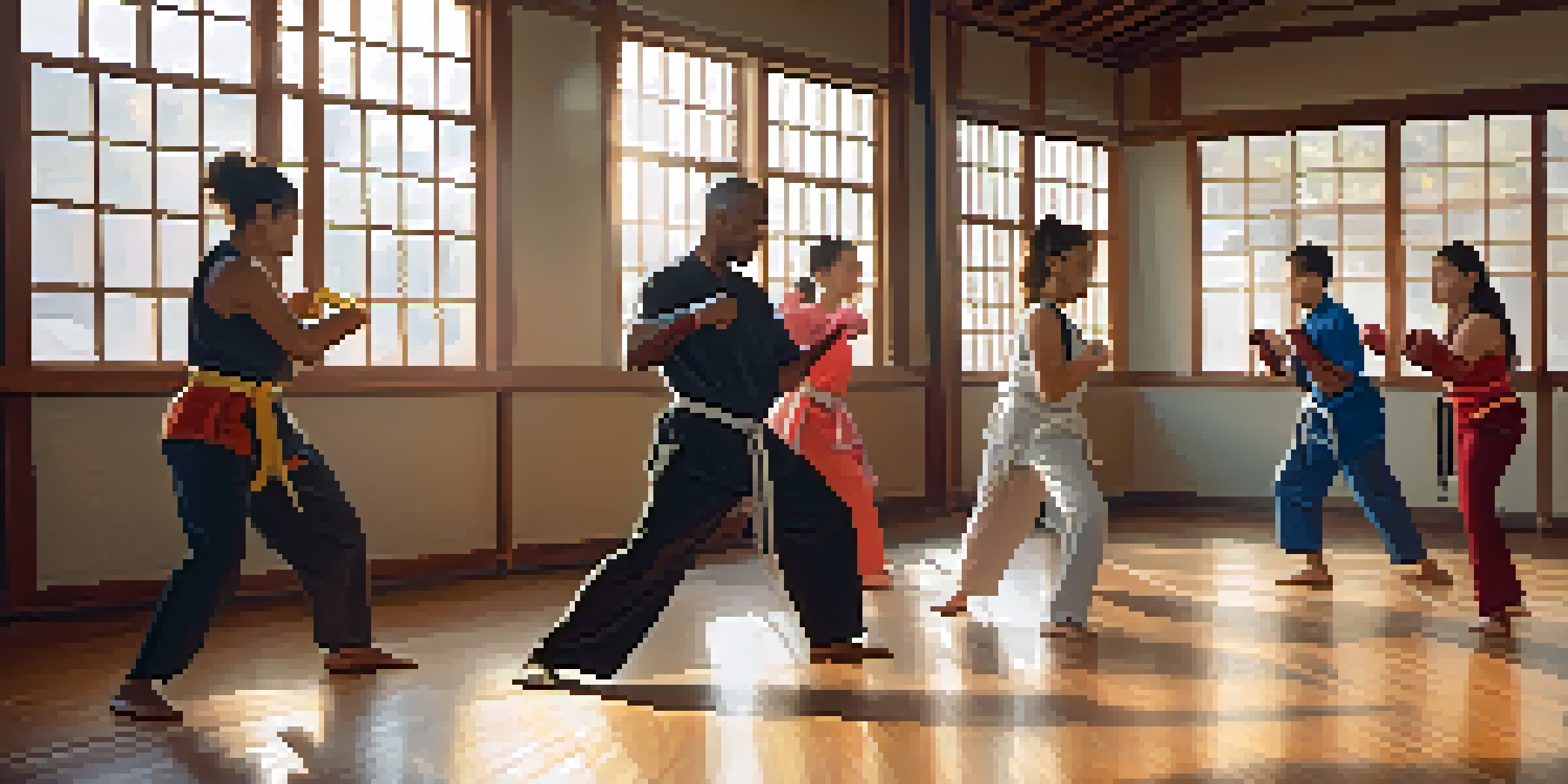 A diverse group of people practicing self-defense techniques in a dojo with sunlight filtering through windows.