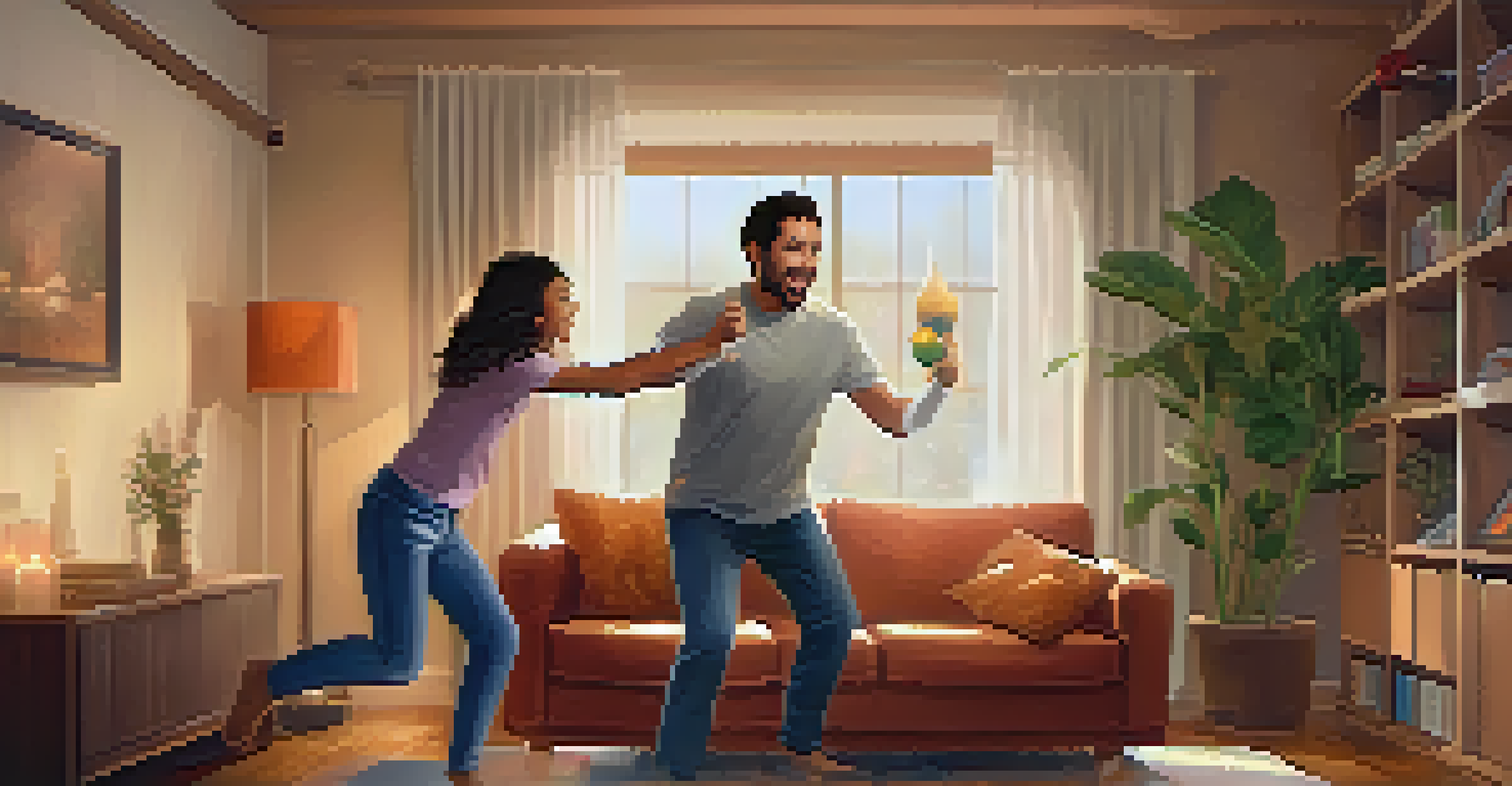 A parent and child practicing self-defense together in a cozy living room.