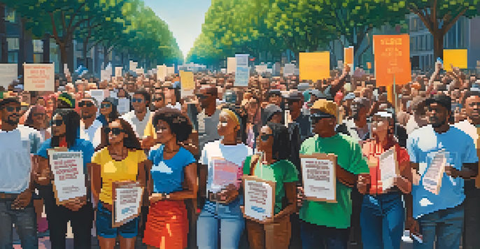 A diverse group of protesters holding colorful signs, expressing unity and determination in an urban setting.