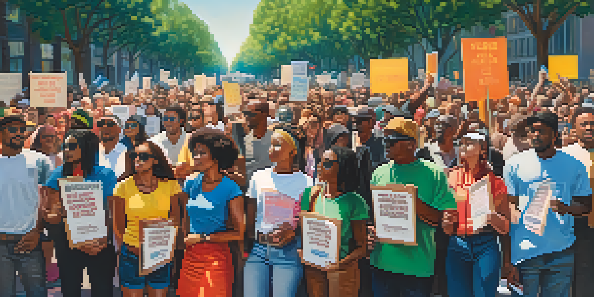 A diverse group of protesters holding colorful signs, expressing unity and determination in an urban setting.