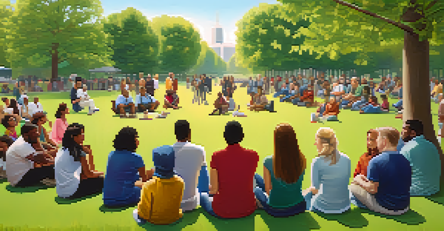 A diverse group of people in a park engaged in a community meeting about safety awareness.