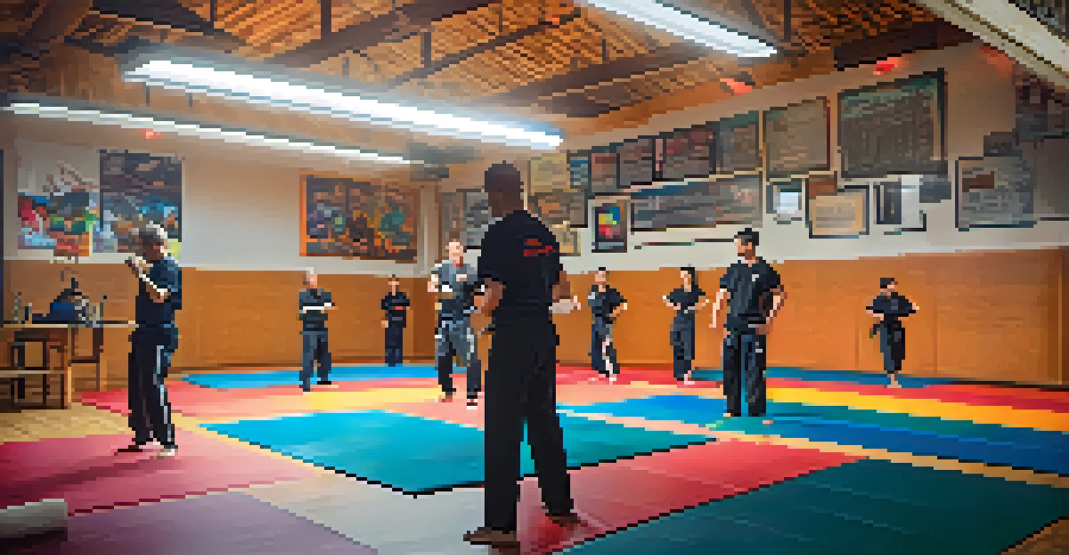A self-defense training class with participants practicing techniques on colorful mats.