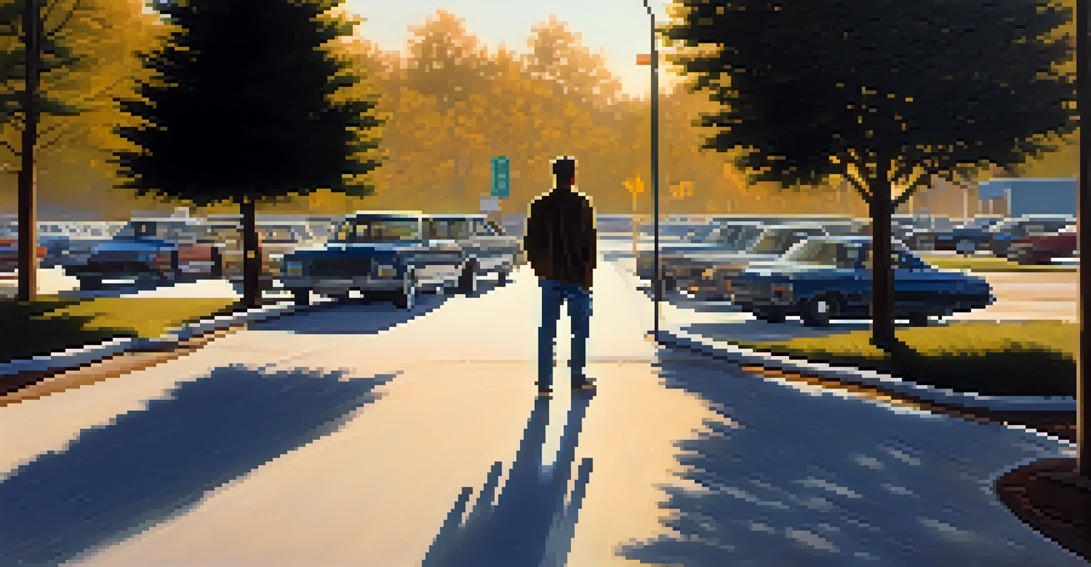 A person walking to their car while observing their surroundings in a well-lit parking lot.