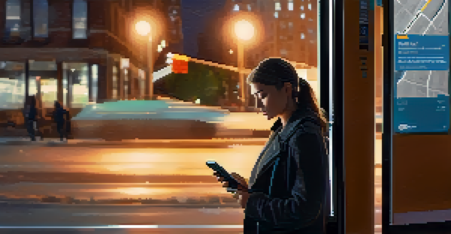 A woman at a bus stop at night, using a safety app on her smartphone, with a cityscape in the background illuminated by soft lights.