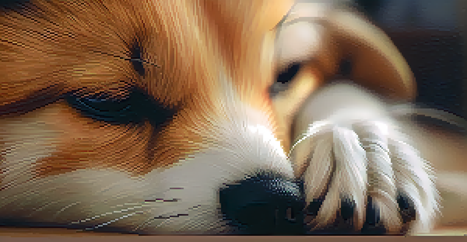 A close-up of a person's hand touching a pet's fur in a warm and intimate setting.