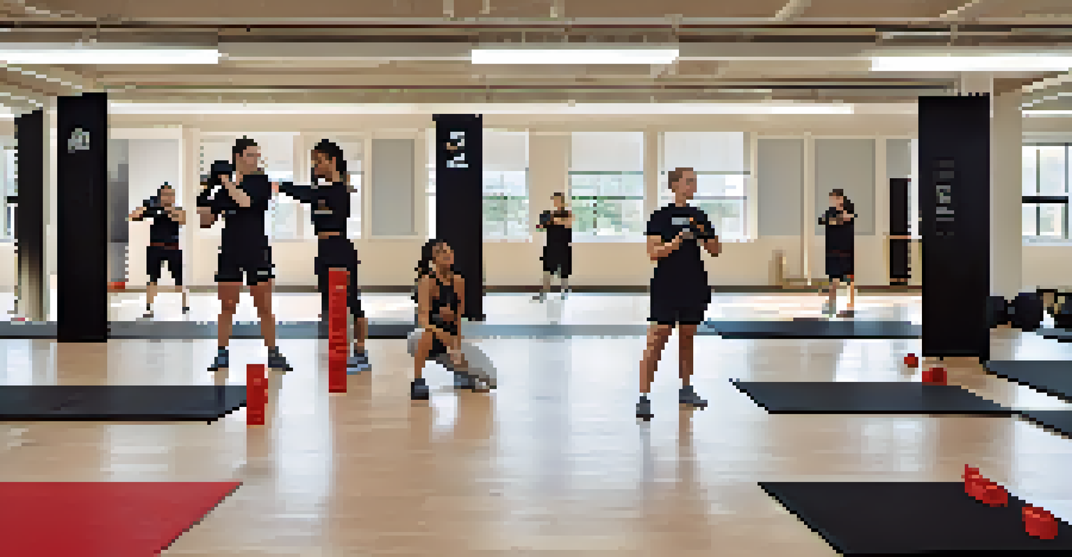A diverse group of individuals participating in a self-defense class in a modern training studio, with an instructor demonstrating techniques.