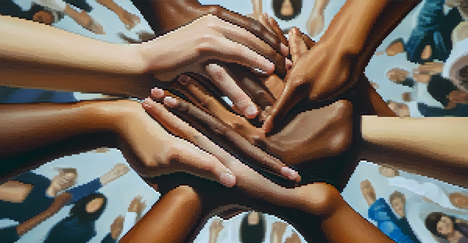 Close-up of diverse hands joining together in unity during a self-defense workshop.
