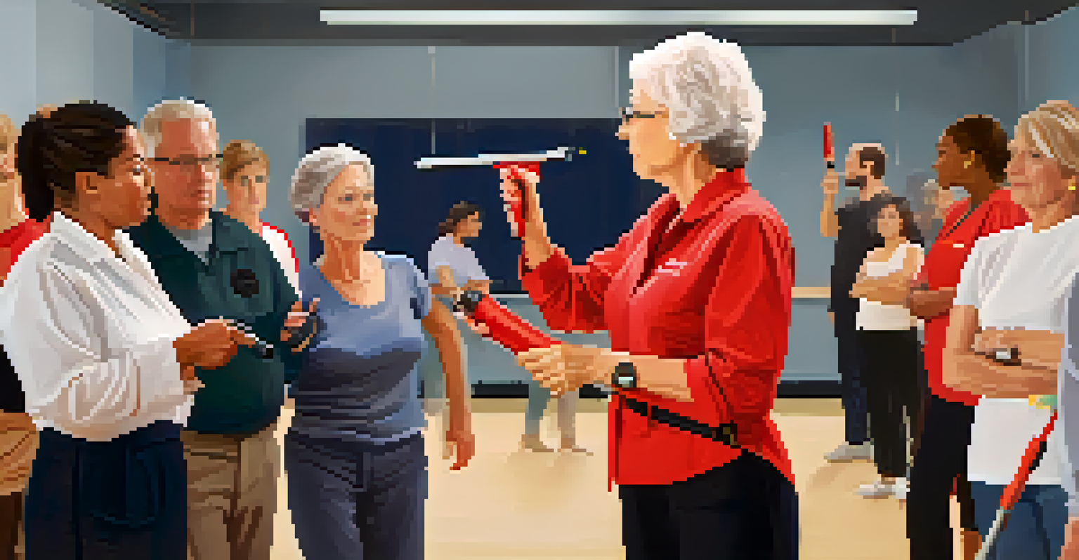 A senior woman holding a pepper spray while discussing with an instructor in a self-defense workshop, surrounded by other participants.