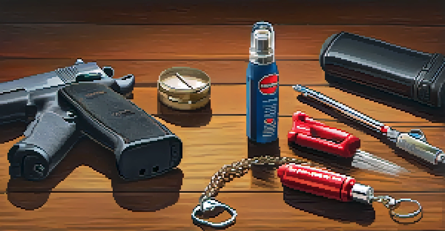 A close-up of self-defense tools including pepper spray, a personal alarm, and a self-defense keychain on a wooden table.