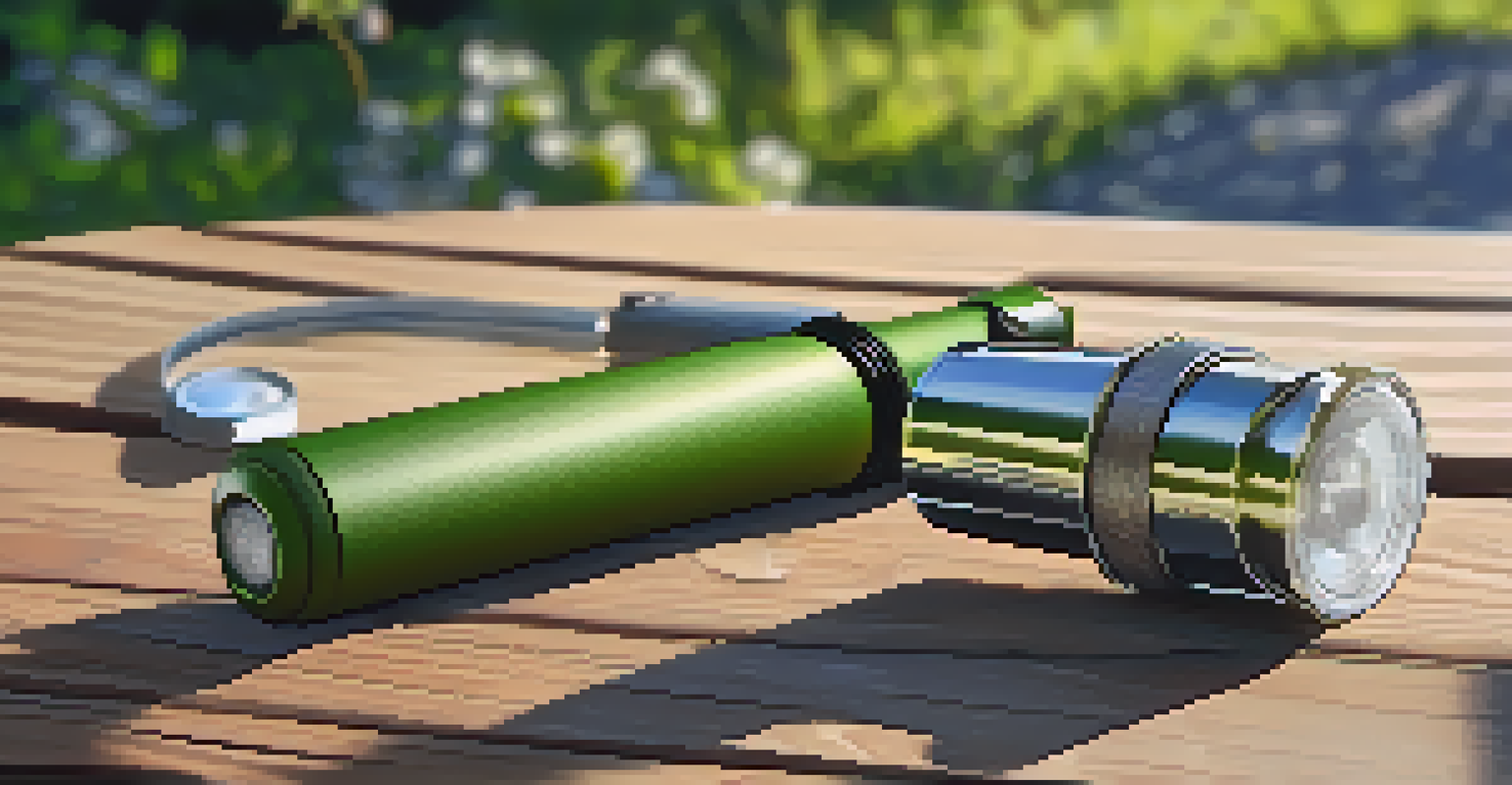 A flashlight and walking stick on a picnic table, highlighting their use as self-defense tools.