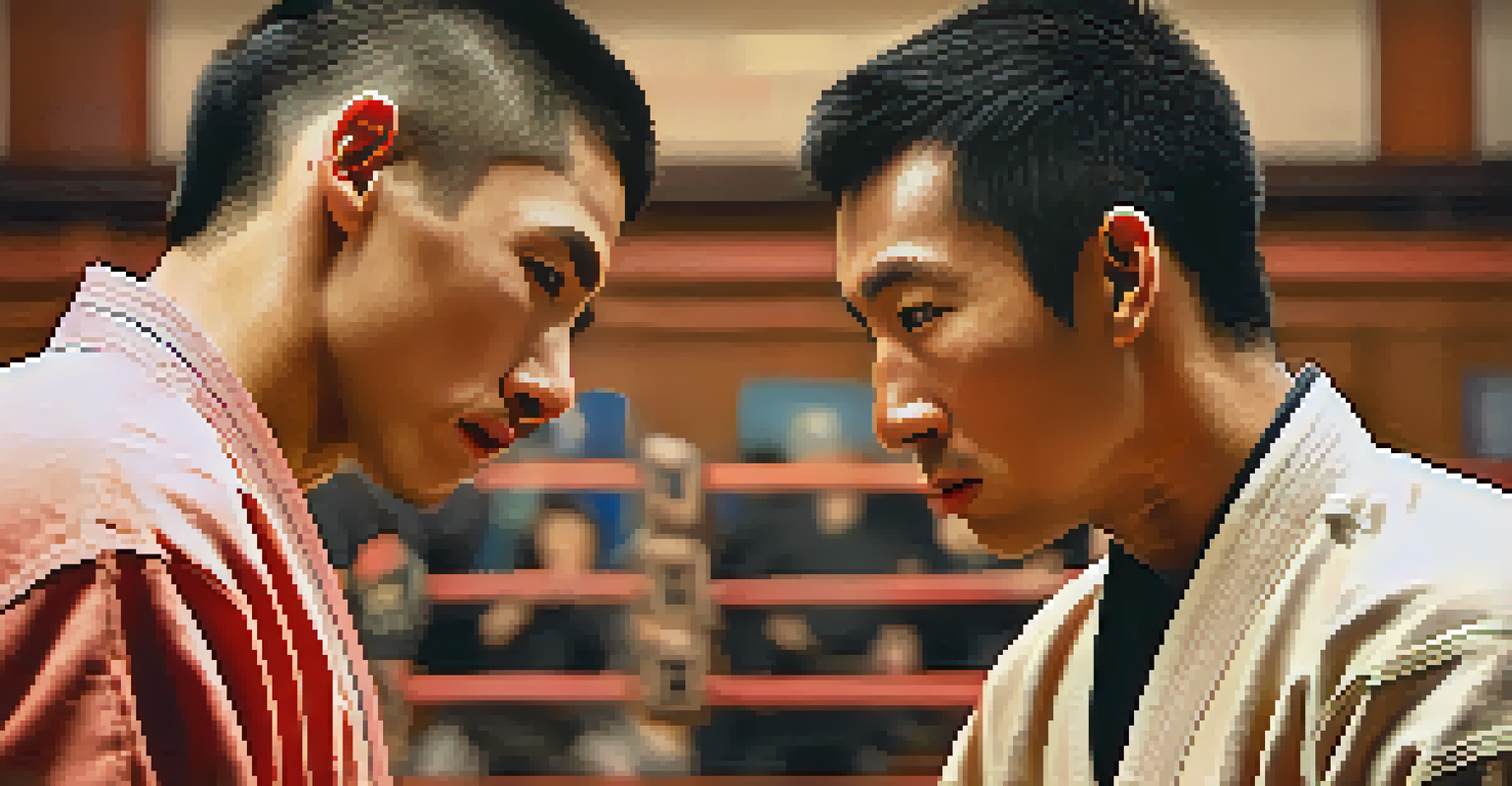 Close-up of martial artists sparring, focusing on their expressions of empathy and connection.