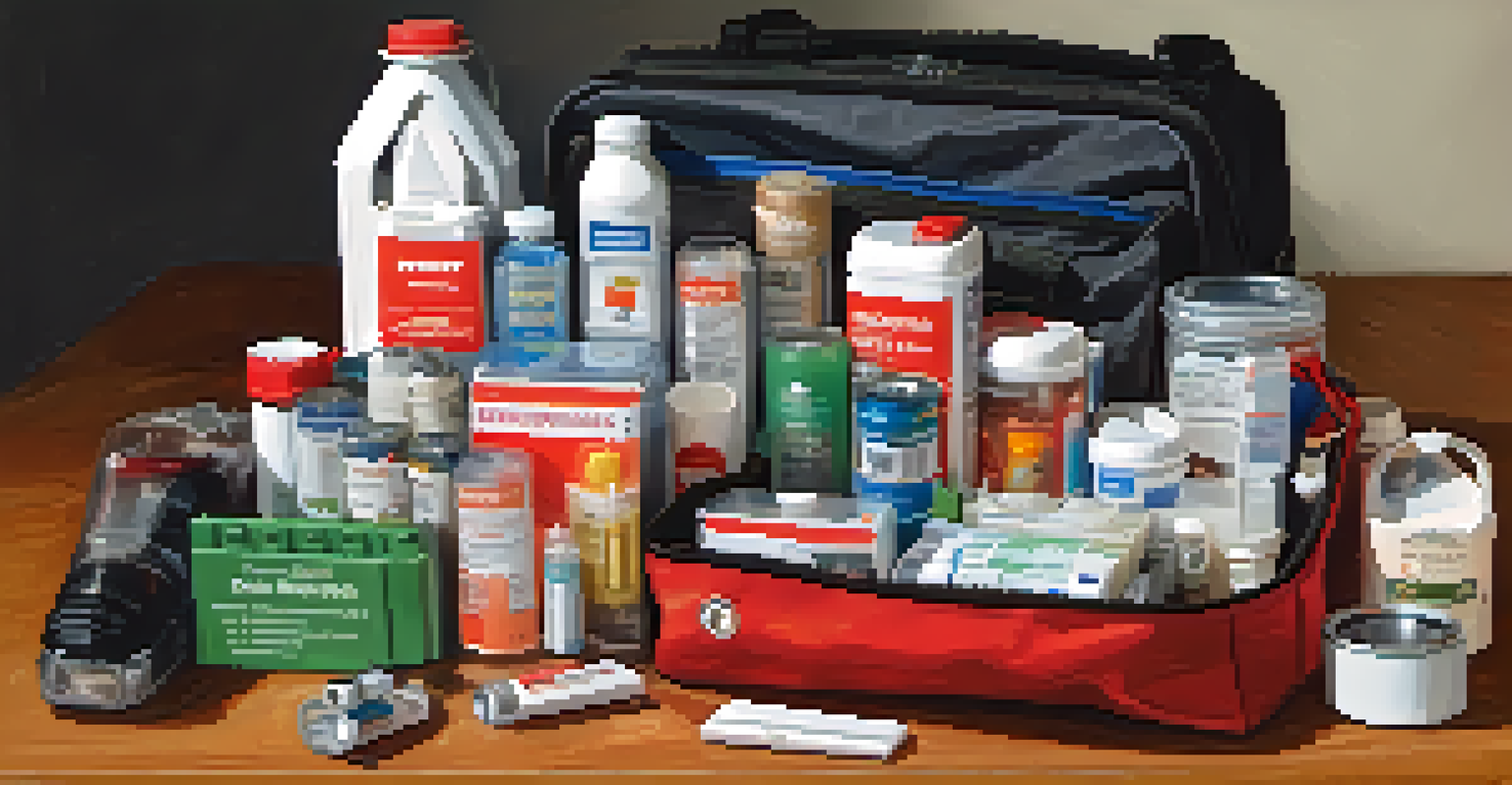 An organized emergency preparedness kit filled with essential supplies for earthquake readiness, displayed on a table.