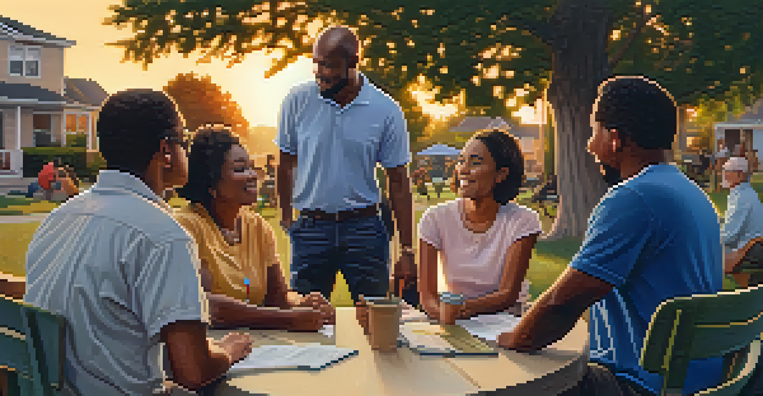 Neighbors gathered in a park for a neighborhood watch meeting, showcasing community empathy and safety awareness during sunset.