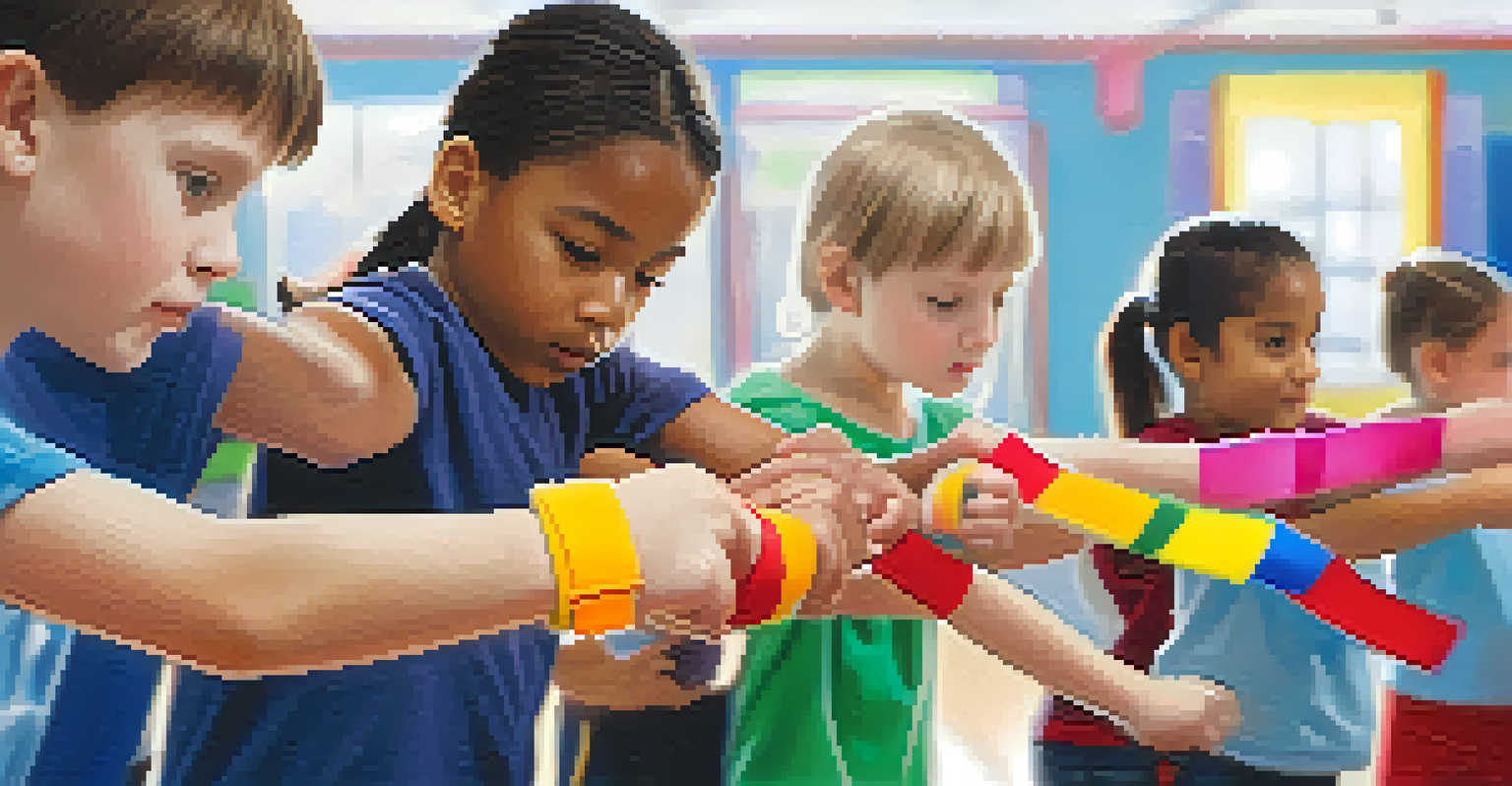 A close-up of a child's hands in a defensive stance during self-defense training, with a blurred background of a training class.
