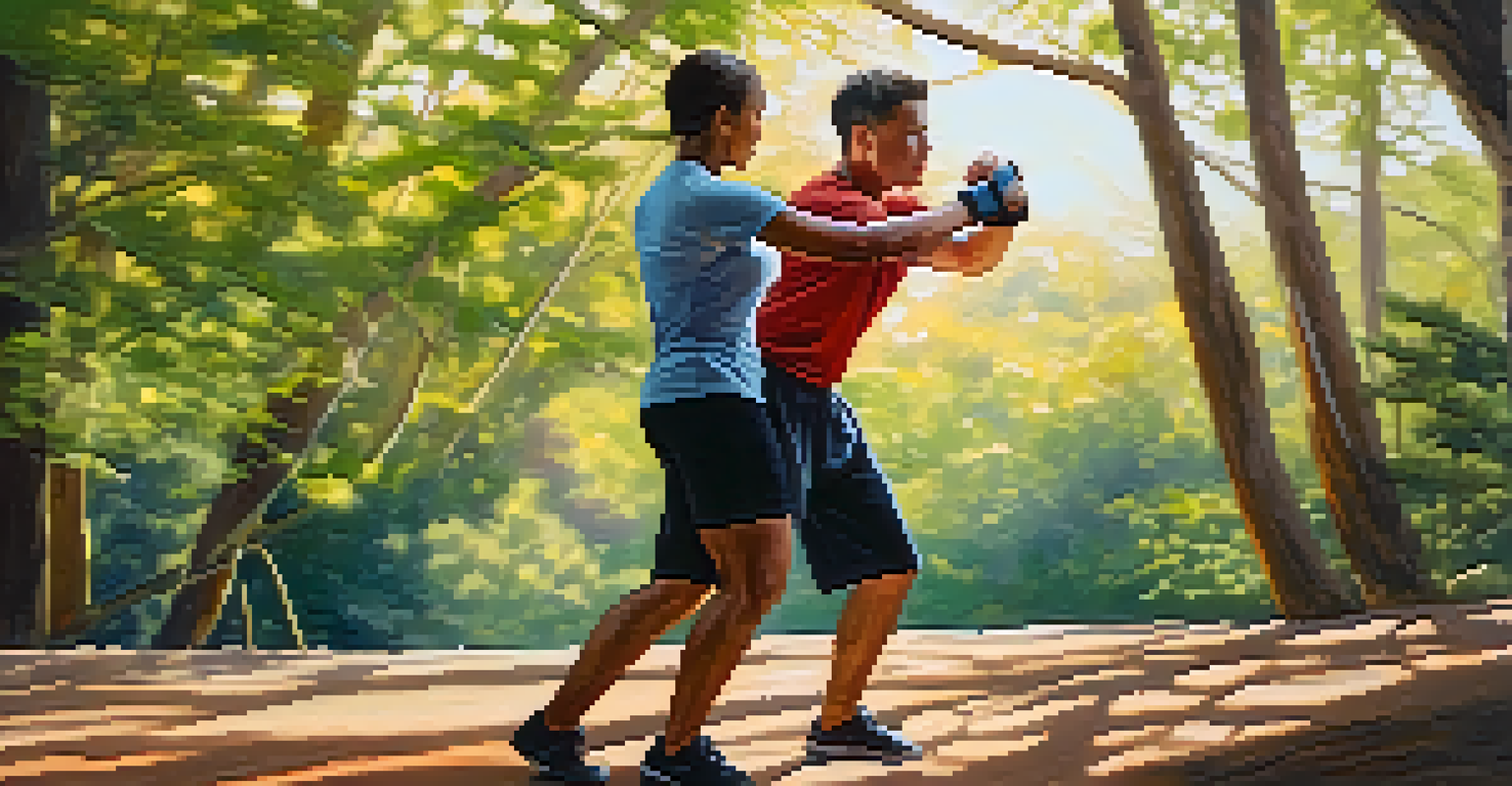 Two individuals practicing self-defense techniques outdoors in a natural setting, with warm sunlight filtering through trees, showcasing trust in each other.