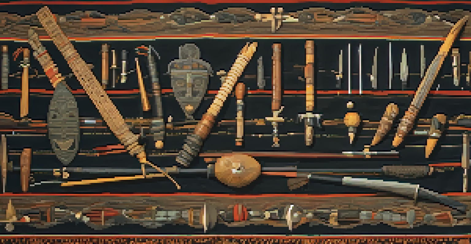 A display of ancient American weapons on a textile, including a macuahuitl and other tools, illuminated by candlelight.