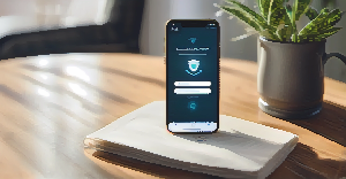 A smartphone showing a Two-Factor Authentication login screen on a wooden table, with soft natural light and a blurred home office background.