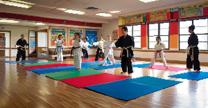 A bright martial arts classroom with students practicing techniques, instructors demonstrating movements, and sensory tools available.