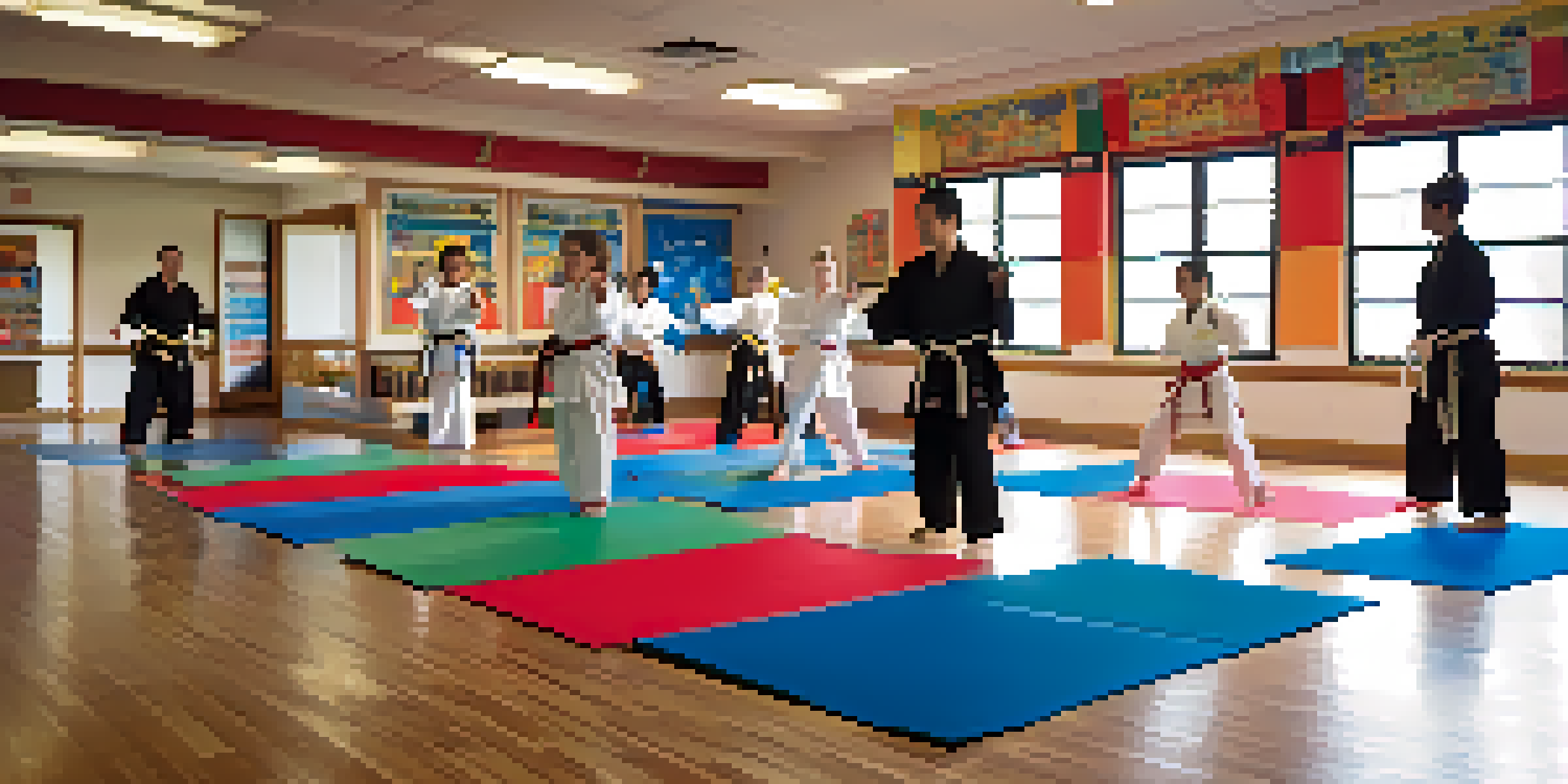 A bright martial arts classroom with students practicing techniques, instructors demonstrating movements, and sensory tools available.