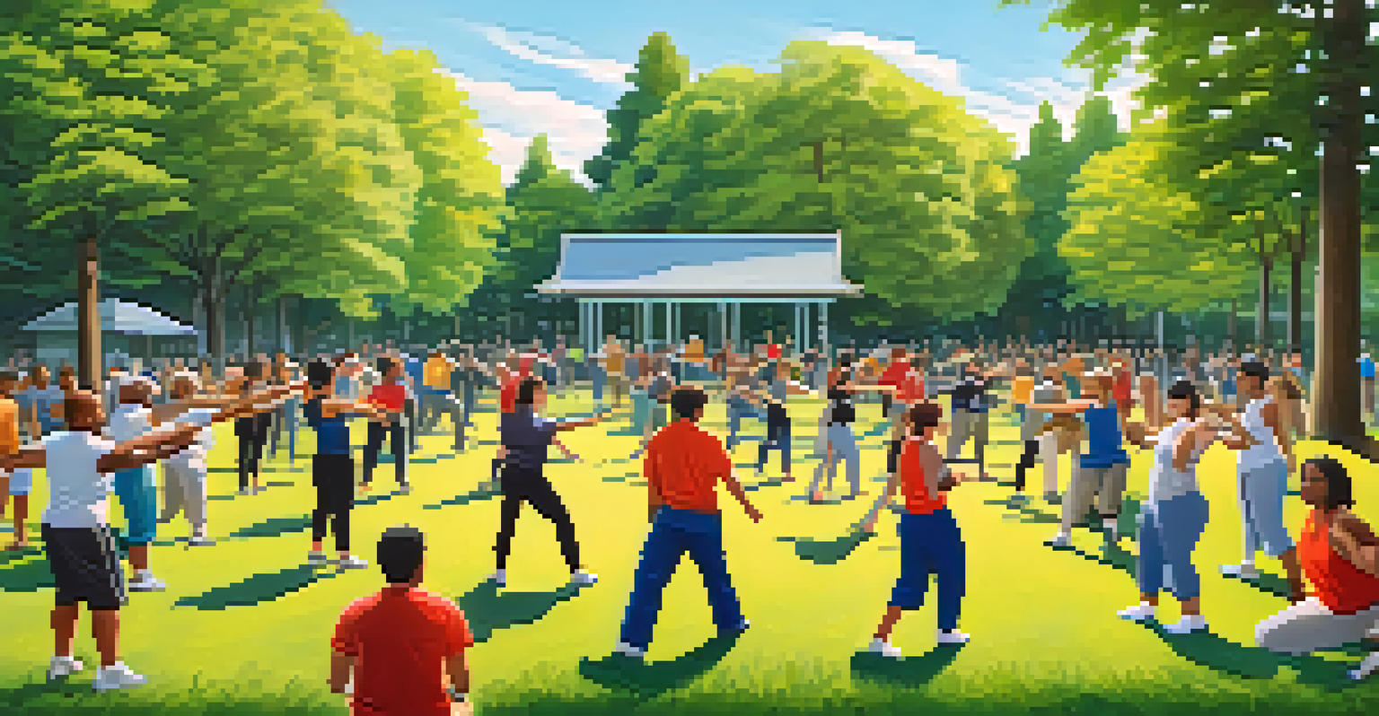 Participants of various ages engaged in a self-defense workshop in a park, surrounded by greenery and blue skies, promoting a sense of community.
