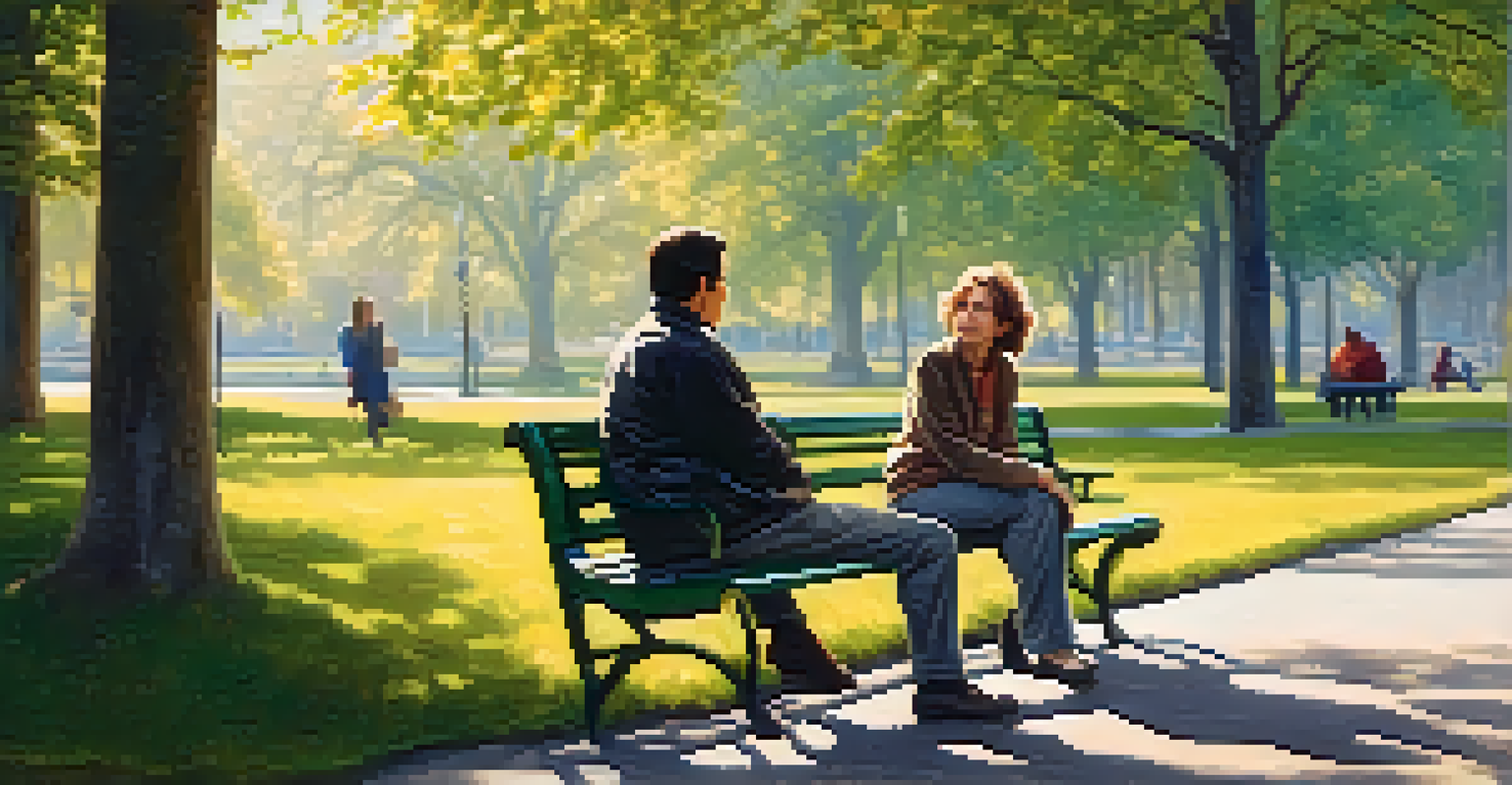 Two individuals calmly conversing on a bench in a park, with one listening attentively while the other speaks.