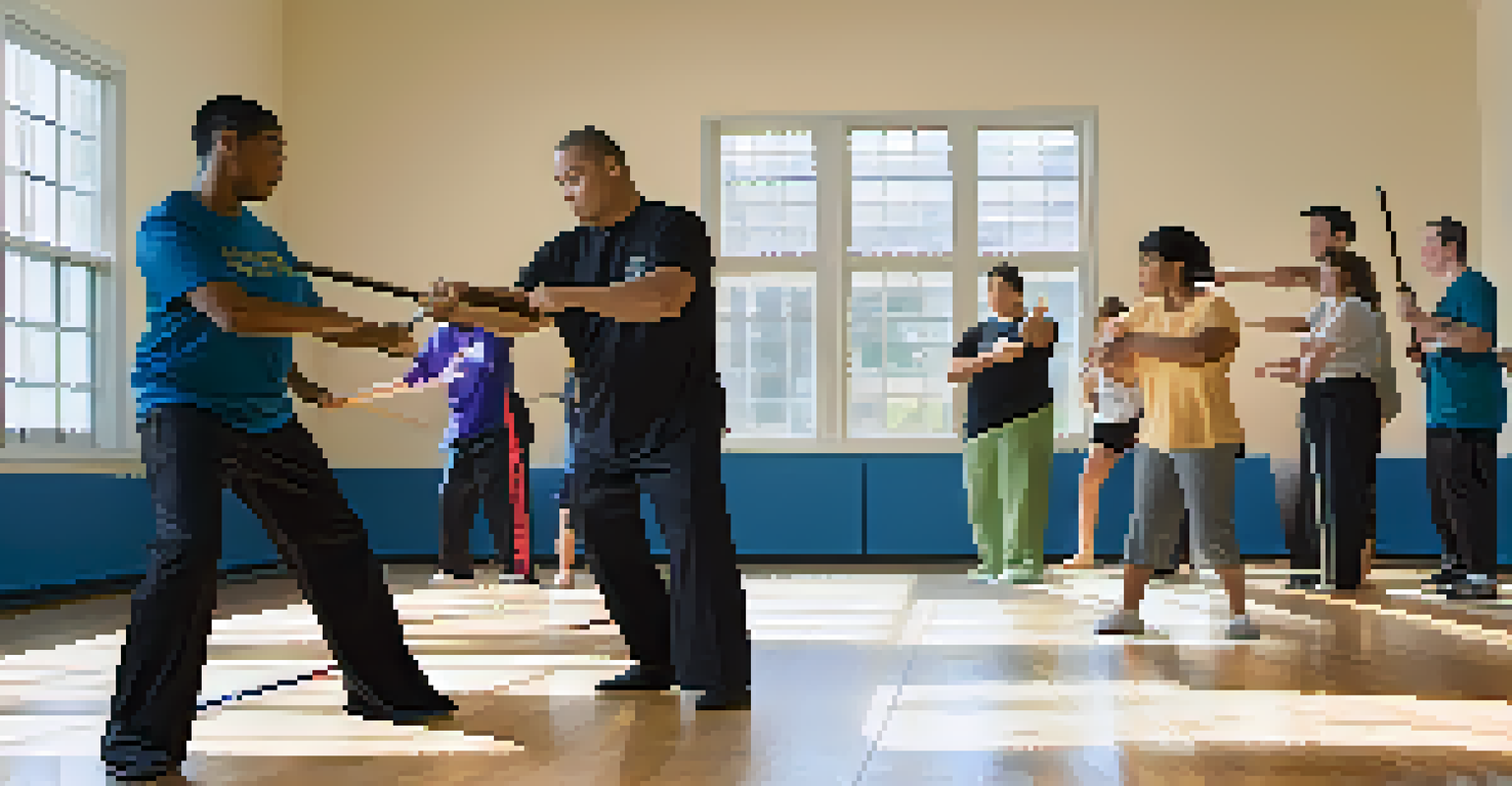 A self-defense class for people with disabilities, focusing on cane techniques in a bright indoor setting.