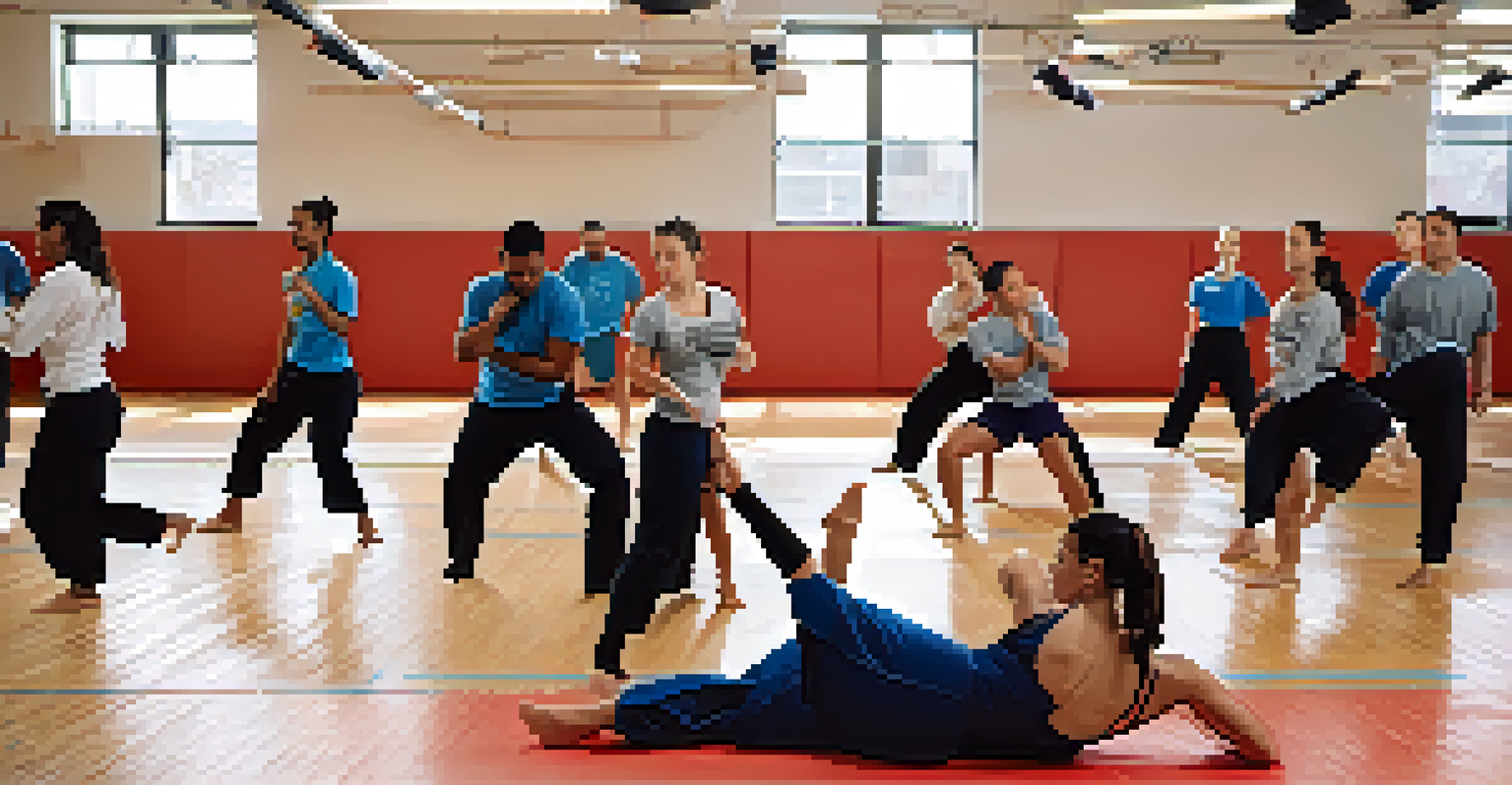 A self-defense class with diverse participants practicing techniques under the guidance of an instructor in a gymnasium.