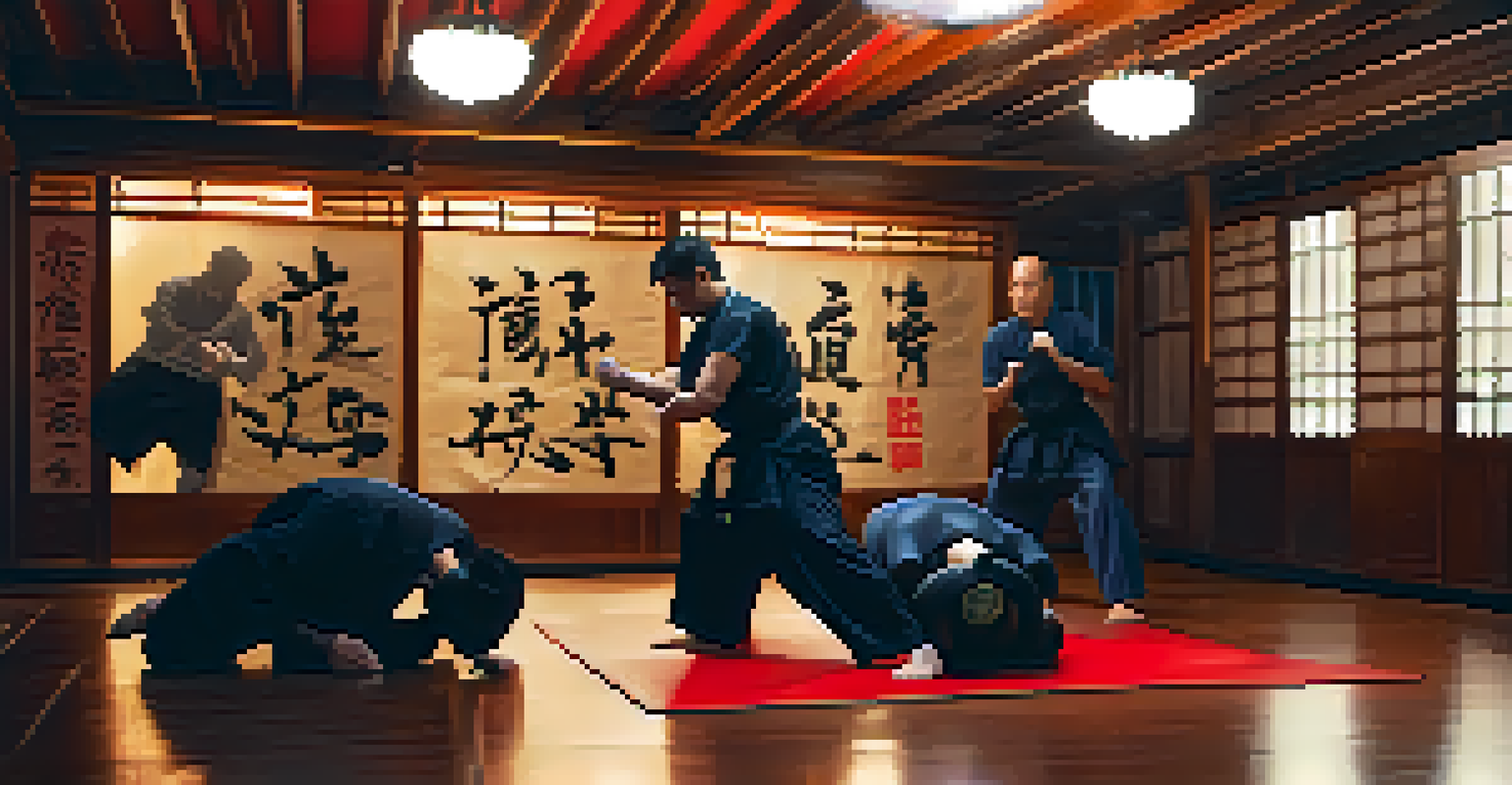 Close-up of hands practicing self-defense techniques on a training dummy in a dojo, highlighting skill and discipline.