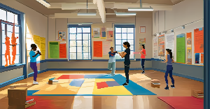 A classroom scene where individuals are participating in self-defense training, surrounded by colorful visual aids and natural light.