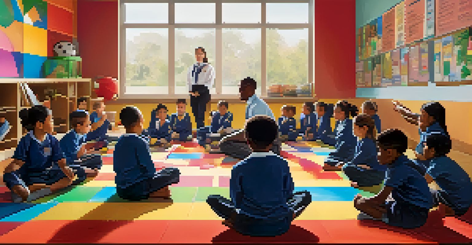Children in a classroom watching a self-defense lesson, with an instructor demonstrating techniques on a colorful carpet.
