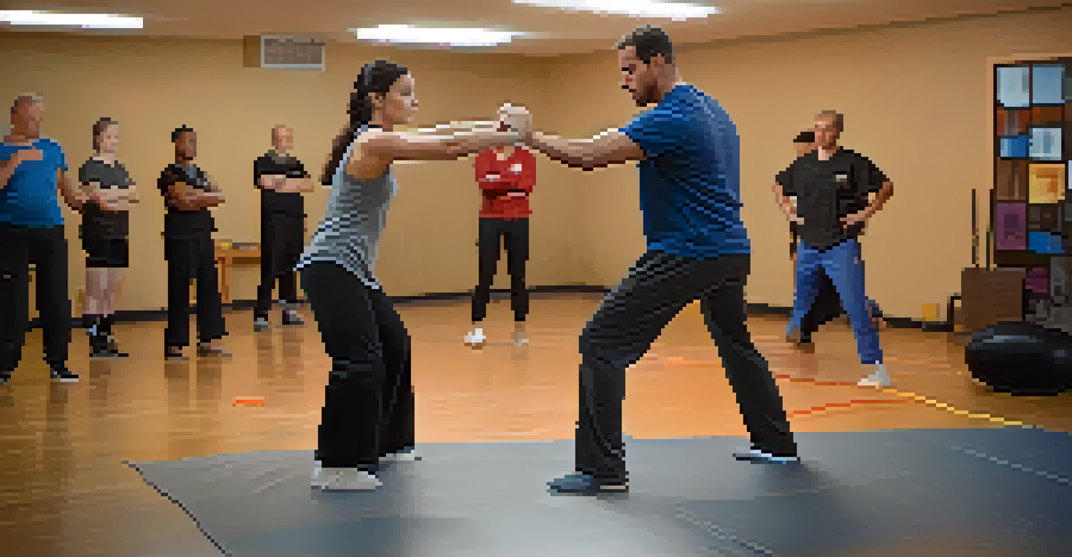 An individual demonstrating conflict resolution techniques in a self-defense class with a supportive atmosphere.