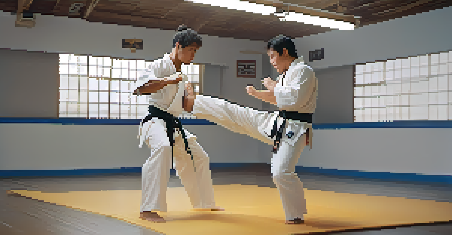 A self-defense instructor demonstrating a technique to a student in a dojo.
