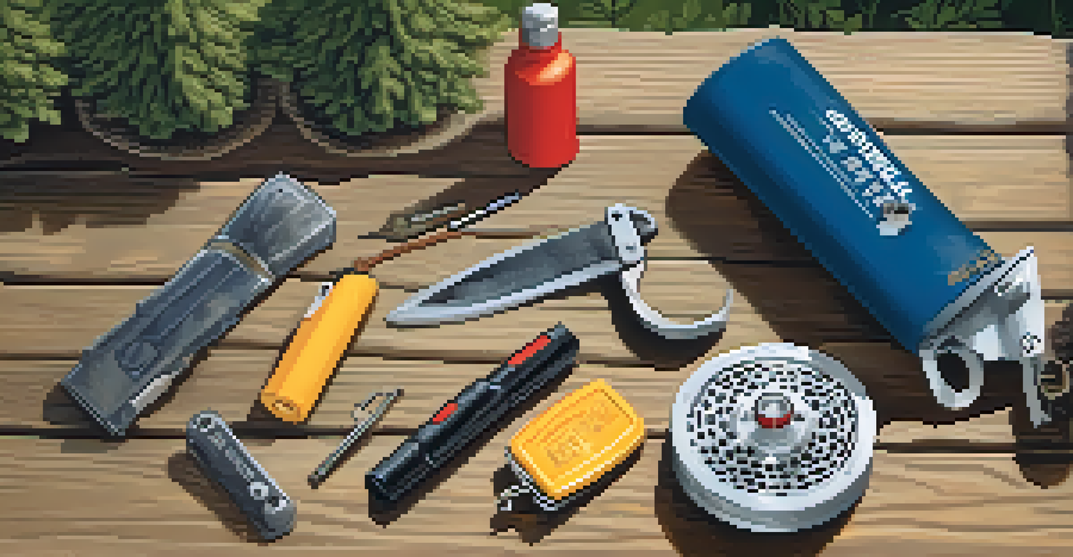 Essential self-defense gear for campers, including a whistle, pepper spray, multi-tool, and personal alarm on a wooden table.