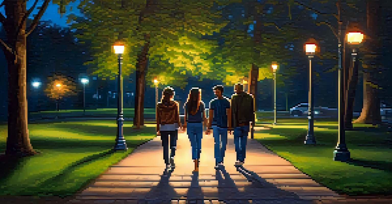 A group of friends walking together in a lit park at night, highlighting camaraderie and safety.
