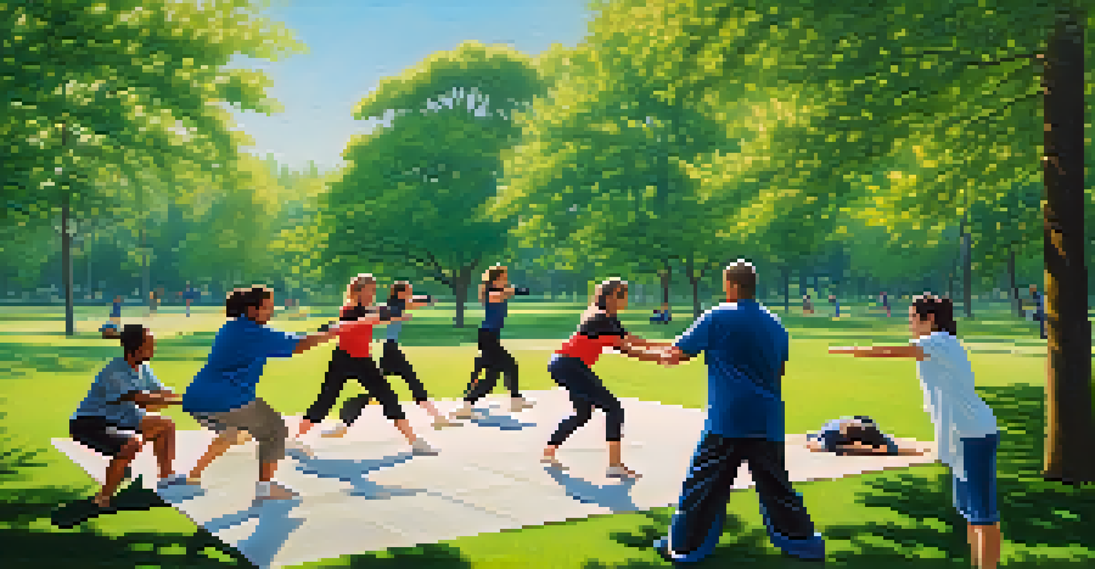 A small group practicing self-defense outdoors in a park, with an instructor demonstrating techniques under a clear sky.