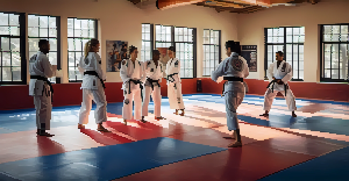 A diverse group of Brazilian Jiu-Jitsu practitioners training in a well-lit gym, with a female practitioner demonstrating a technique on the mats.