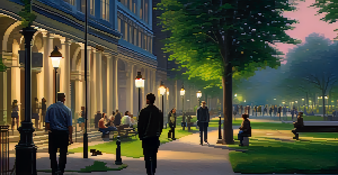 A peaceful urban park at dusk, with people practicing situational awareness, including a woman looking over her shoulder and a man observing his surroundings.