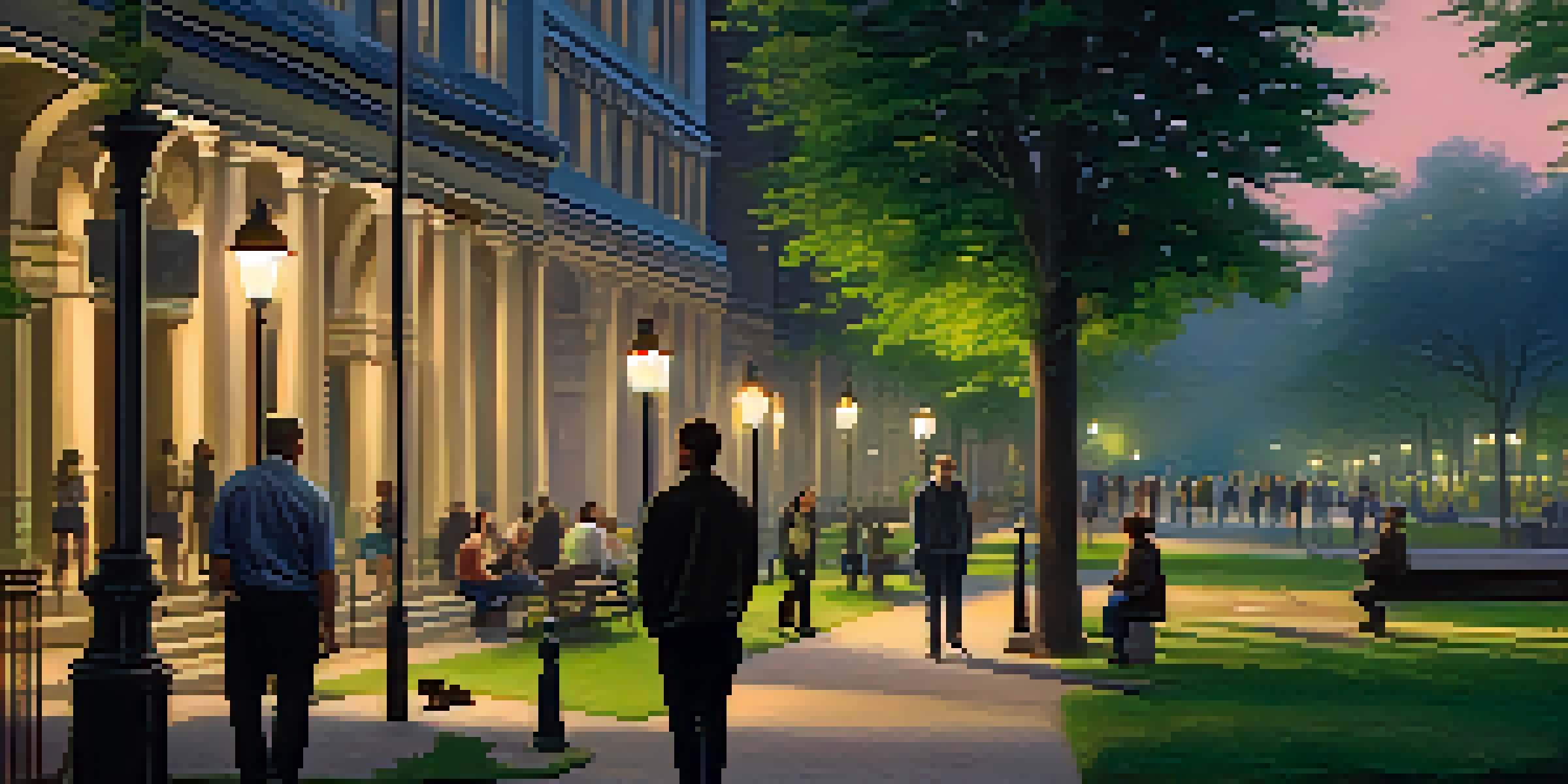 A peaceful urban park at dusk, with people practicing situational awareness, including a woman looking over her shoulder and a man observing his surroundings.