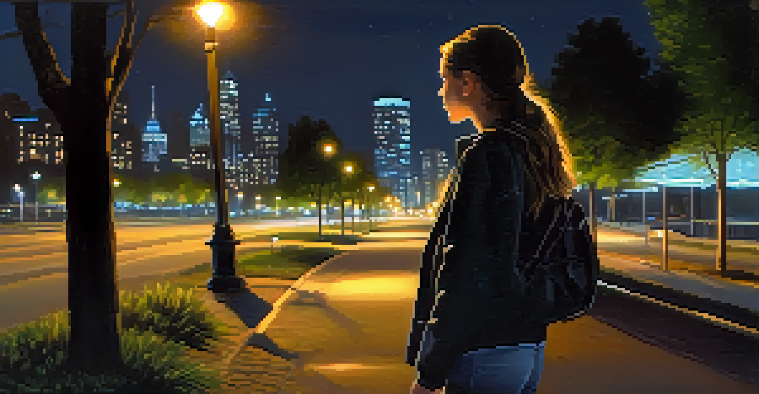 A young woman walking alone at night, holding a smartphone for safety, with streetlights illuminating the path and a city skyline in the background.
