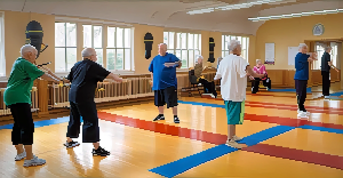 A group of seniors participating in a self-defense workshop, practicing techniques under the guidance of an instructor in a bright, welcoming environment.
