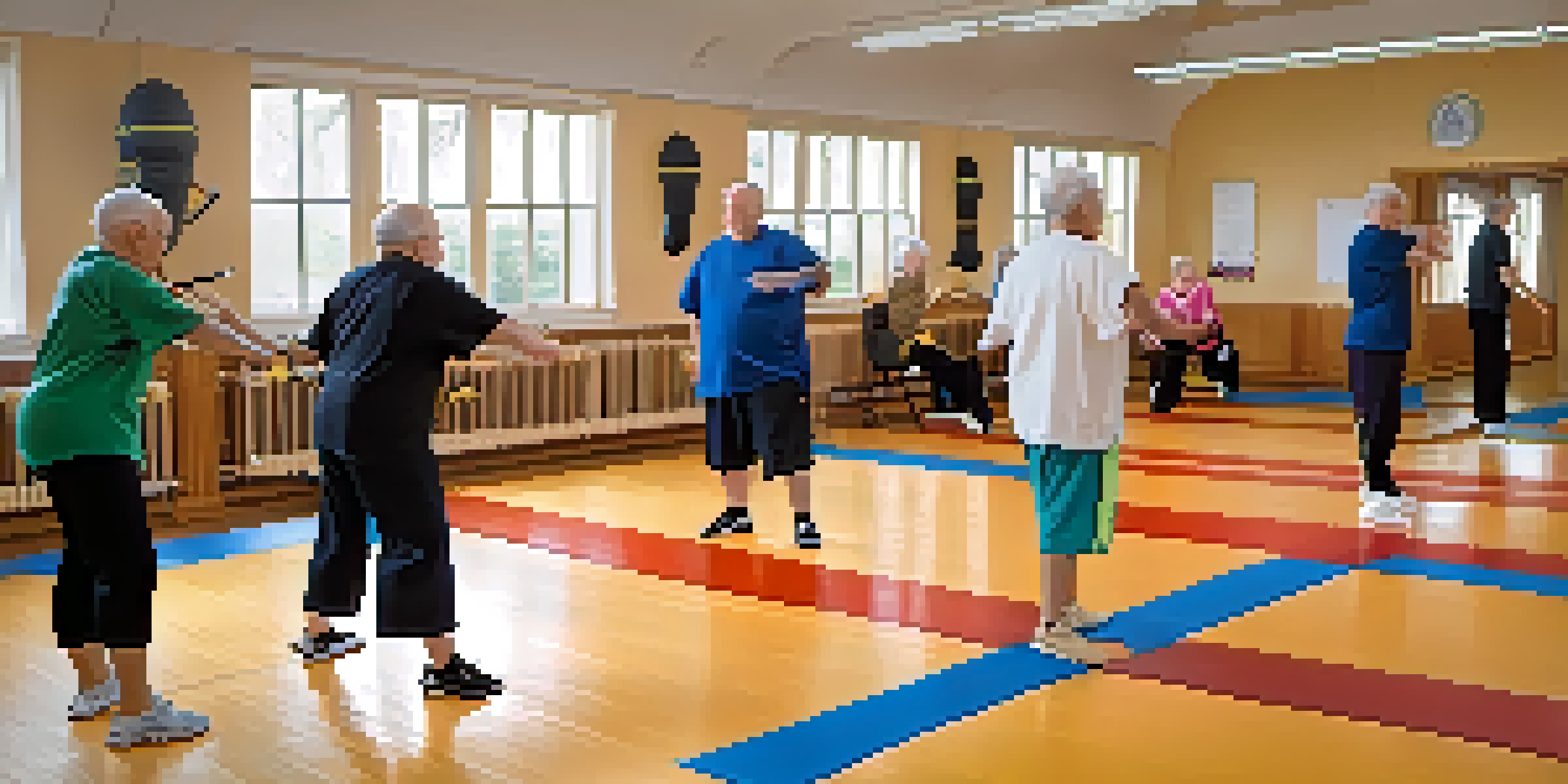 A group of seniors participating in a self-defense workshop, practicing techniques under the guidance of an instructor in a bright, welcoming environment.