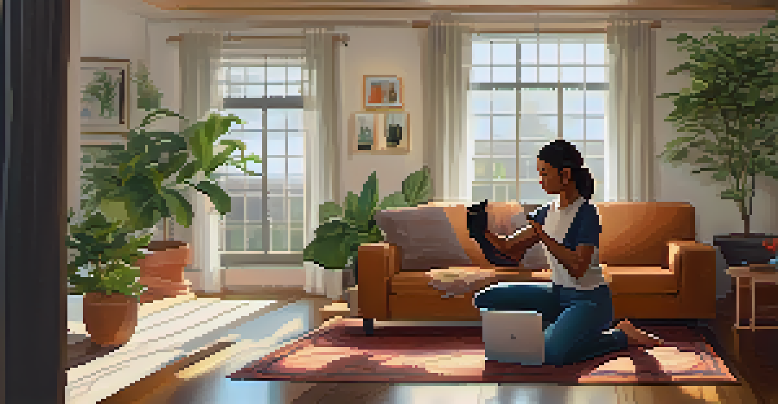 A woman practicing self-defense movements in a cozy living room while following an online tutorial on her laptop.